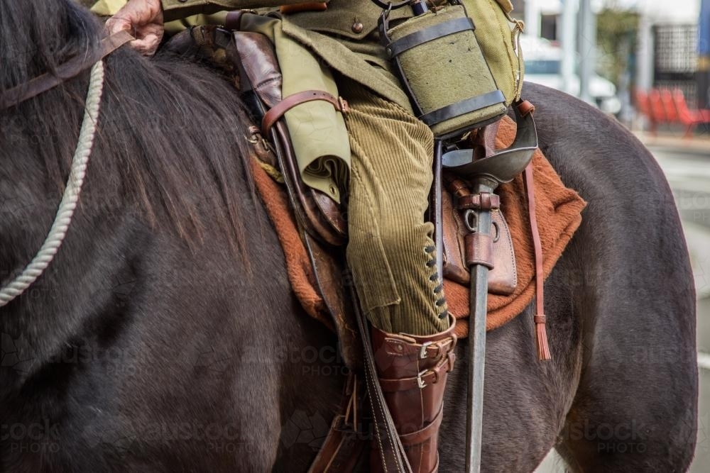 Soldier riding a horse in the ANZAC Day parade - Australian Stock Image