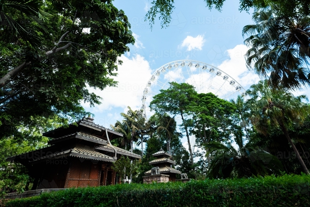 Southbank Parklands, Temple and Brisbane Wheel - Australian Stock Image