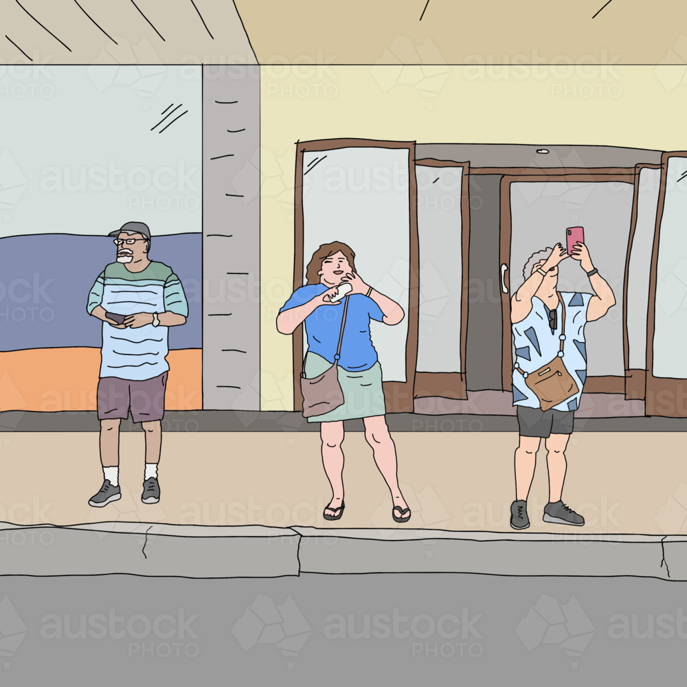 Square scene of three tourists taking photos on street with mobile phones - Australian Stock Image