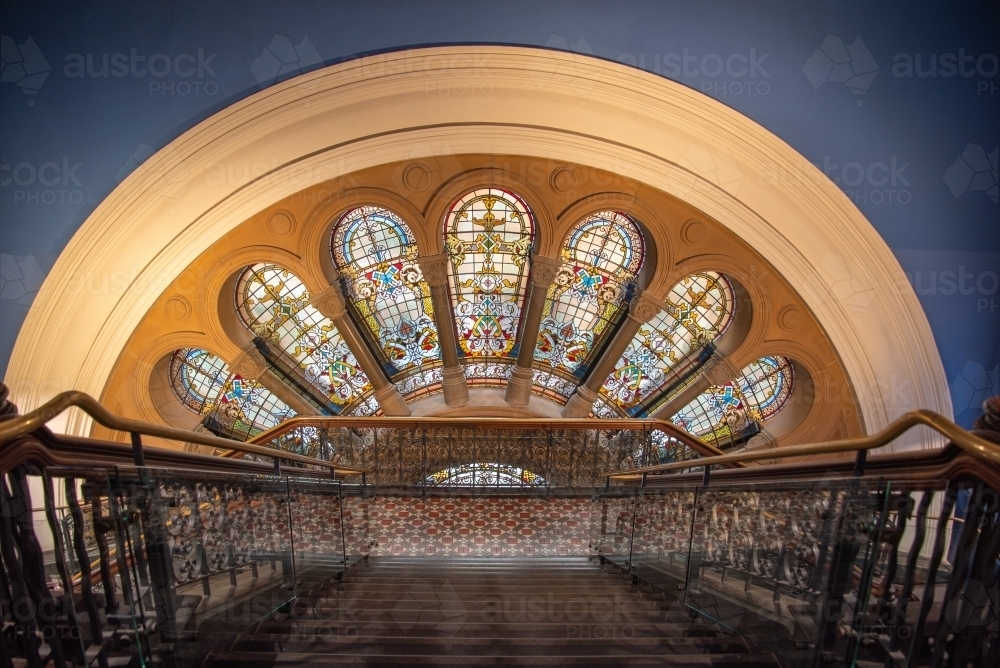 Stained glass windows and stairs in QVB, Sydney - Australian Stock Image