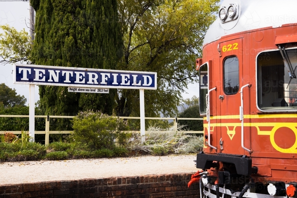 Station sign and old train at Tenterfield Railway Museum - Australian Stock Image