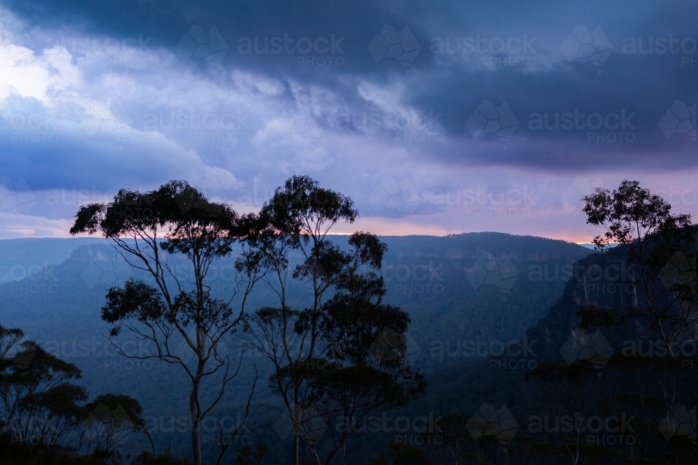 storm clouds above Blue Mountain scenery with gum tree in foreground at dusk - Australian Stock Image