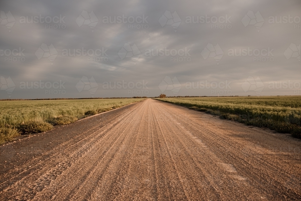 Straight gravel country road through emptiness of flat farmland - Australian Stock Image