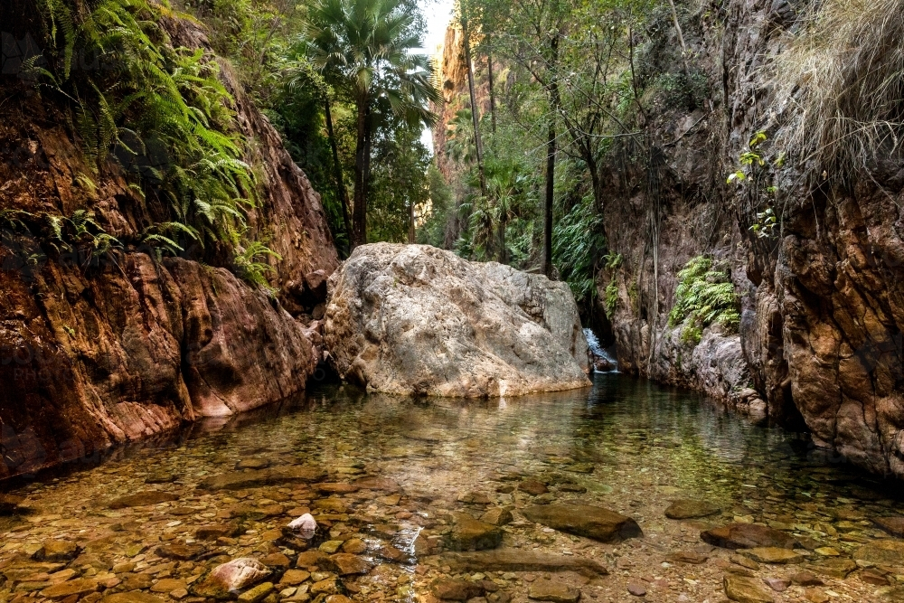 Stream surrounded by rocky terrain and lush greenery. - Australian Stock Image