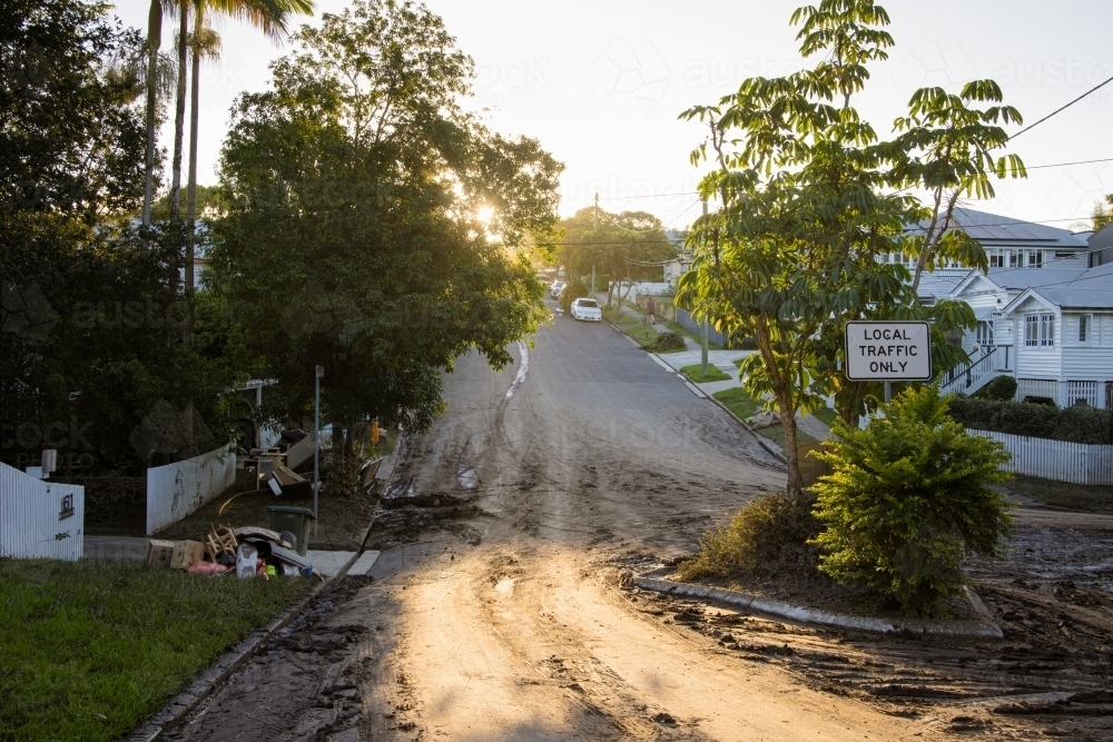 Street scene several days after flood waters have receded in Brisbane - Australian Stock Image