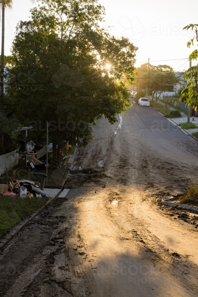 Street scene several days after flood waters have receded in Brisbane - Australian Stock Image