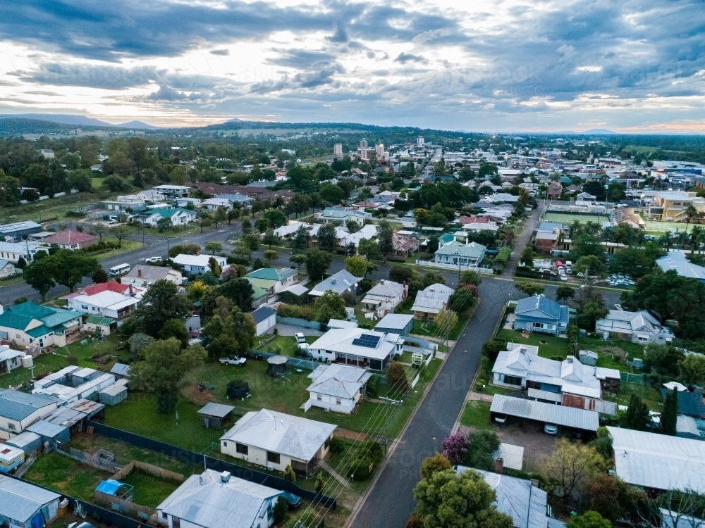 Streets and houses of the country town of Gunnedah on overcast evening - Australian Stock Image