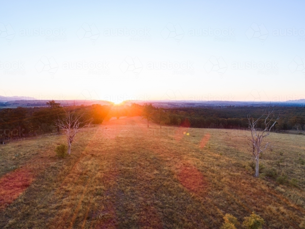 Sun sinking below the horizon of trees and empty paddock - Australian Stock Image