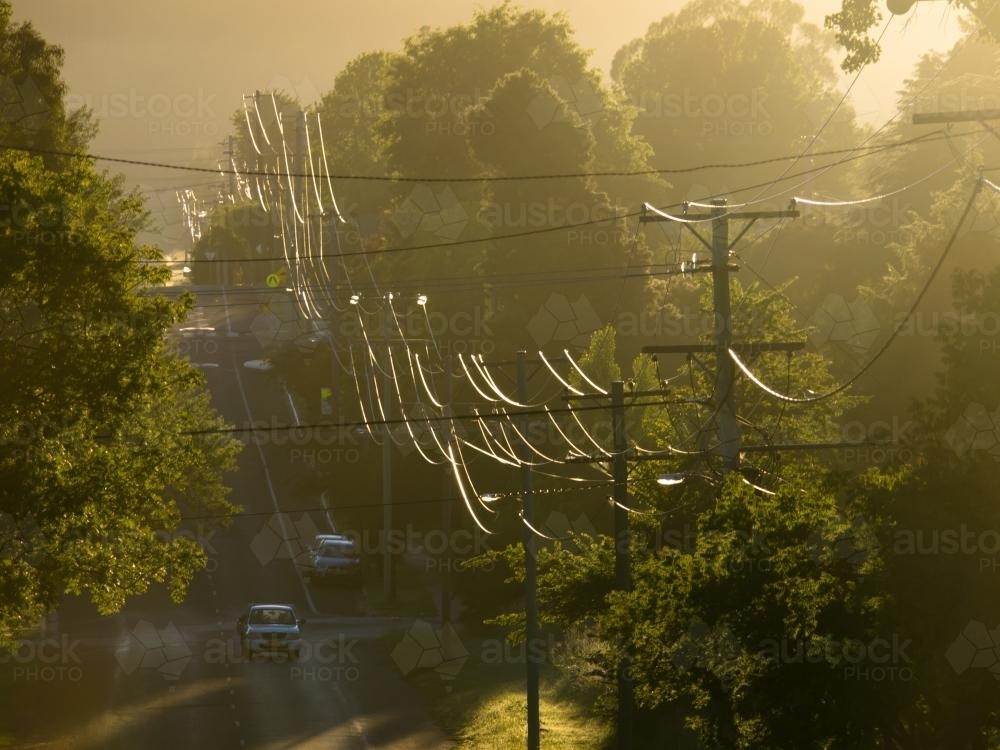 Sunlight reflected off power lines in a suburban street - Australian Stock Image