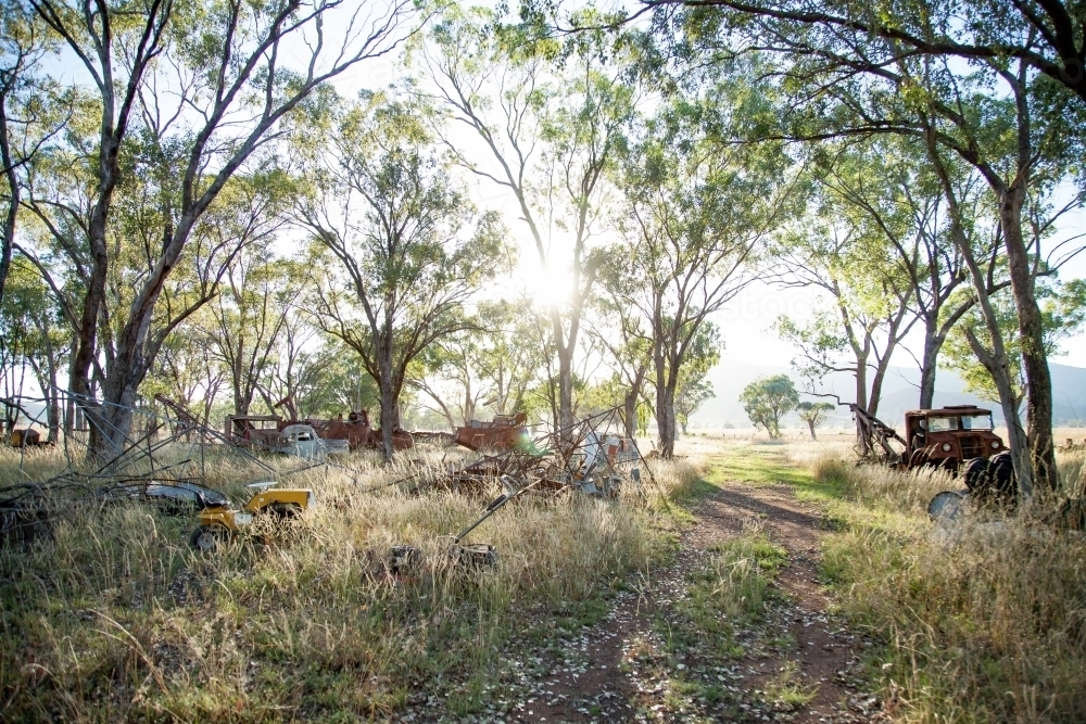 Sunlight shining over farm machinery graveyard - Australian Stock Image