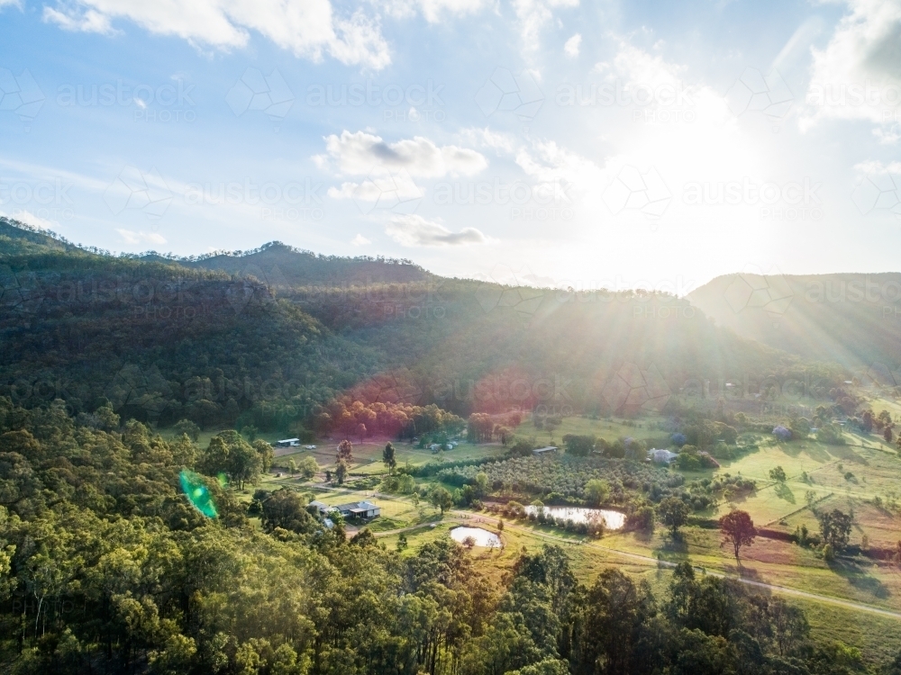 Sunlit Hunter Valley landscape of hills and gum trees in afternoon light - Australian Stock Image