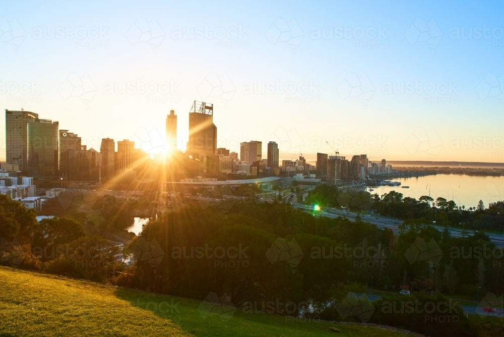 Sunrise over Perth City CBD as seen from King's Park - Australian Stock Image