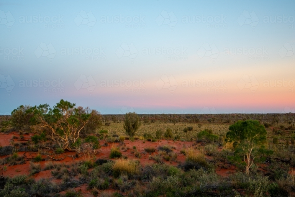 Sunrise over red desert sands with typical central Australian vegetation - Australian Stock Image