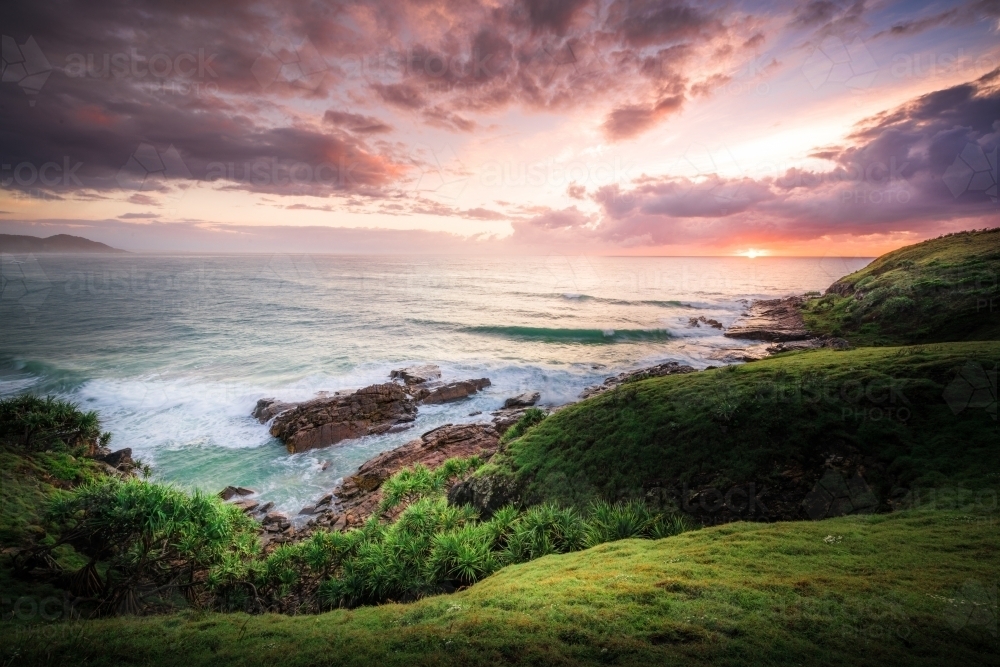 Sunrise over the ocean at Grassy Head on the NSW Mid North Coast - Australian Stock Image