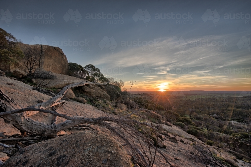 Sunset over the rocks with dead tree branches and shrubs - Australian Stock Image