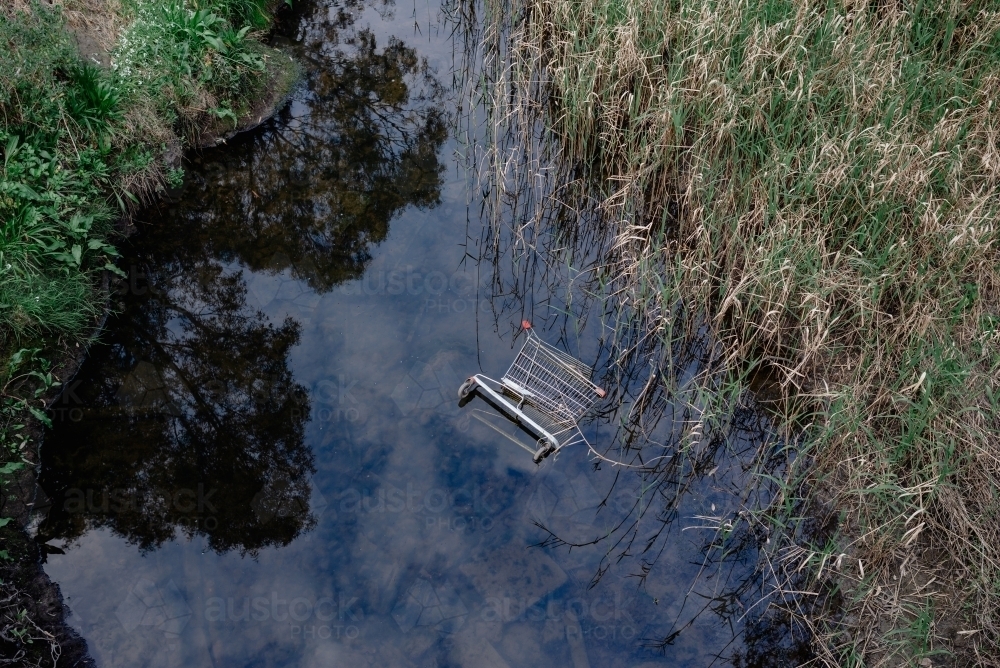 Supermarket shopping cart / trolley dumped in a creek - Australian Stock Image