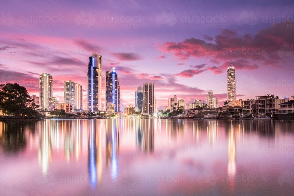 Surfers Paradise skyline during a pink pre sunrise dawn. - Australian Stock Image