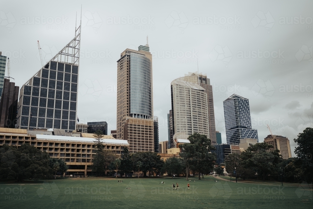 Sydney CBD skyline with people playing on the grass in the Royal Botanic Gardens - Australian Stock Image