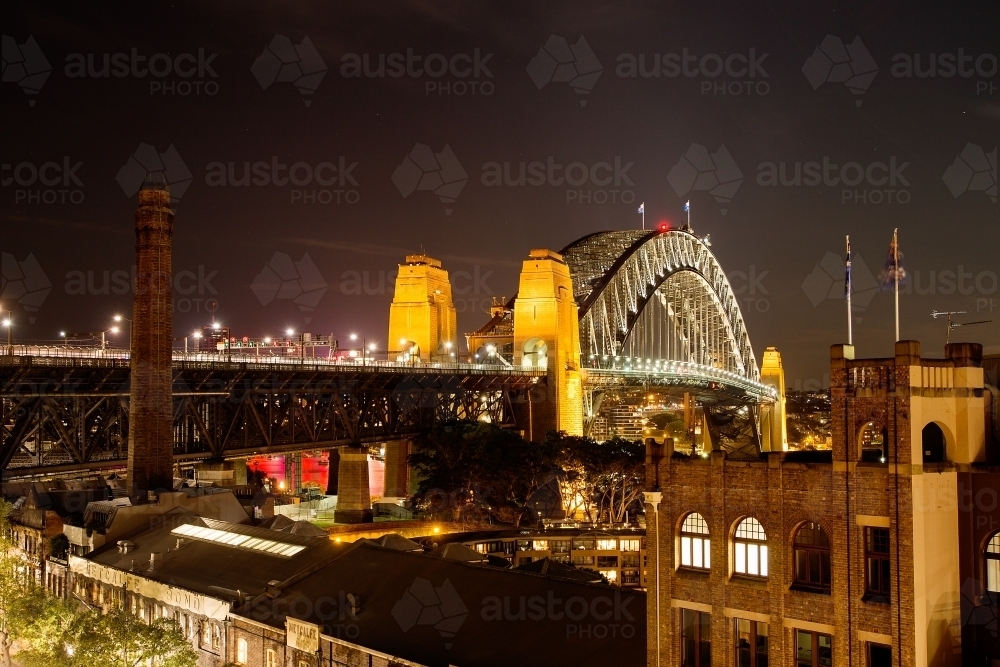 Sydney Harbour Bridge at night from The Rocks - Australian Stock Image