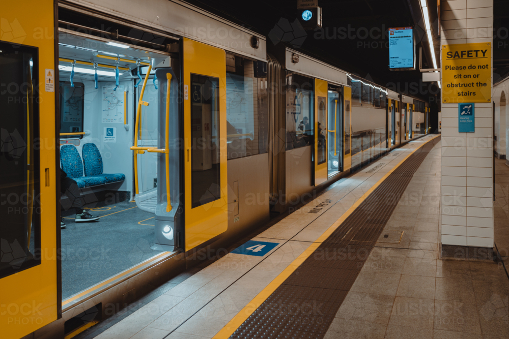 Sydney train with doors open at a platform at Wynyard Station - Australian Stock Image