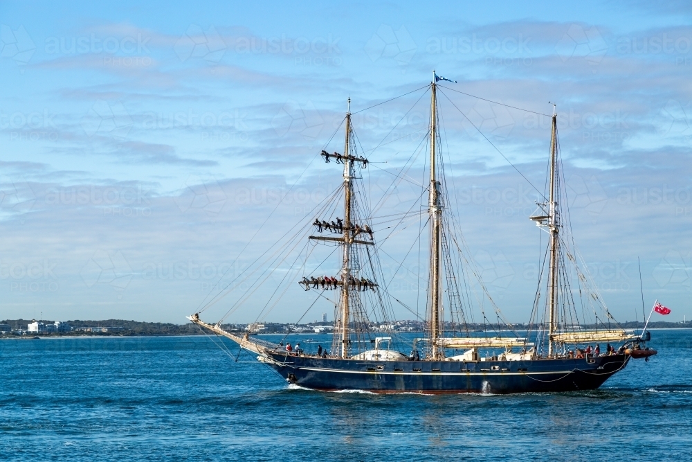 Tall Ship STS Leeuwin II motoring at sea. - Australian Stock Image