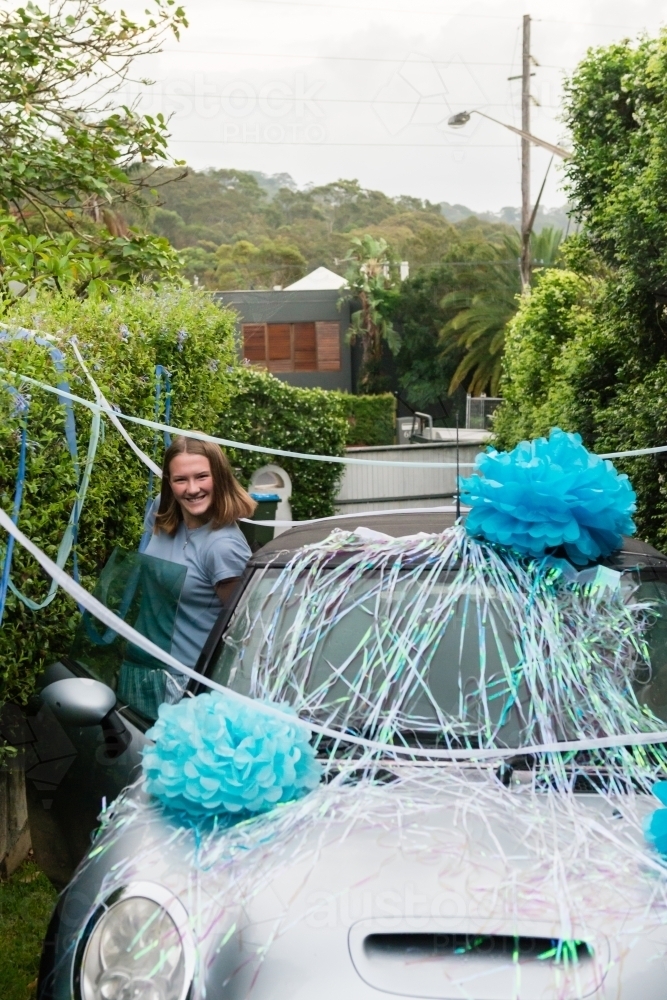 teen girl with new car on birthday - Australian Stock Image