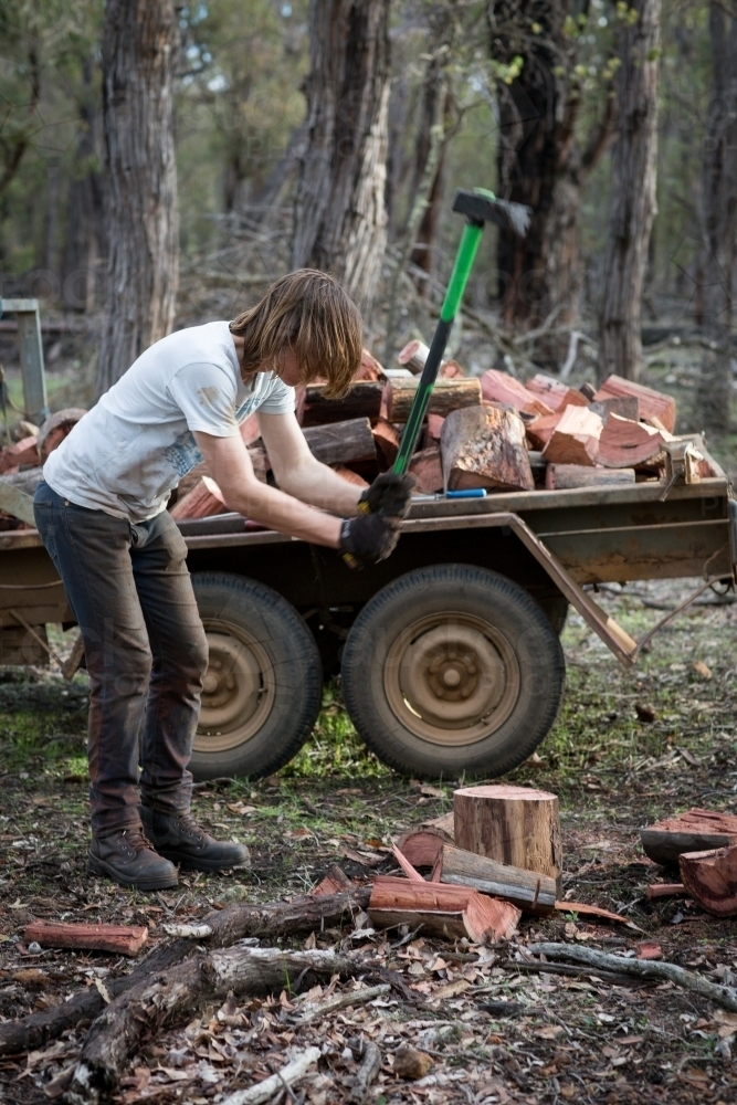 Teenage boy chopping wood in a forest - Australian Stock Image