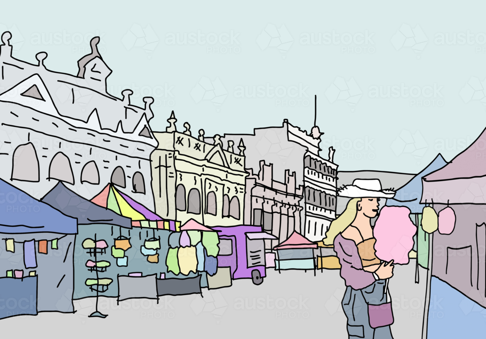 Teenage girl wearing white cowgirl hat and blue jeans eating fairy floss on stick at street festival - Australian Stock Image