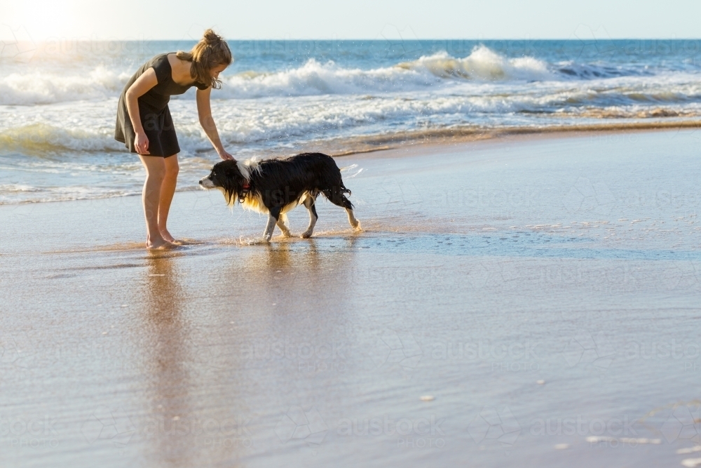 Teenage girl with border-collie dog on beach - Australian Stock Image