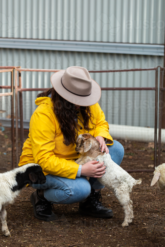 Teenaged young woman in yellow raincoat at petting zoo at country show patting baby goats - Australian Stock Image