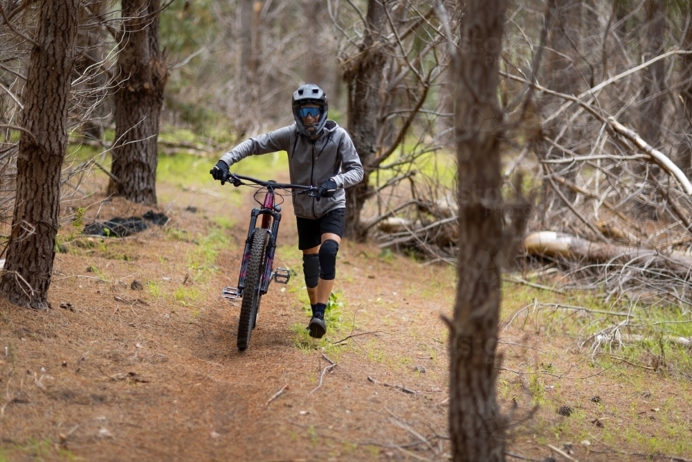 teenager pushing mountain bike along trail through a pine forest - Australian Stock Image