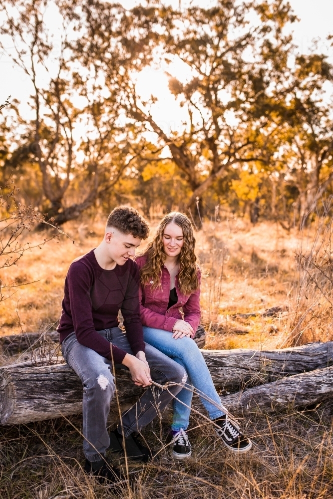 Teens in paddock sitting on log talking - Australian Stock Image