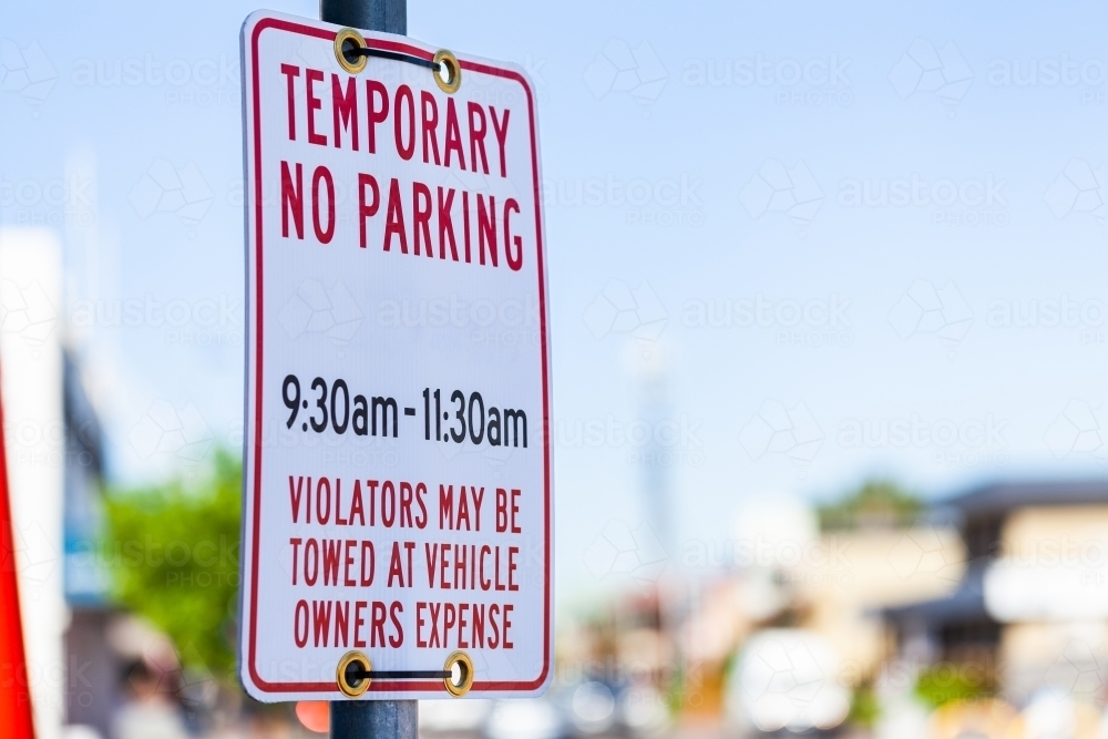 Temporary no parking sign for parade with copy space - Australian Stock Image