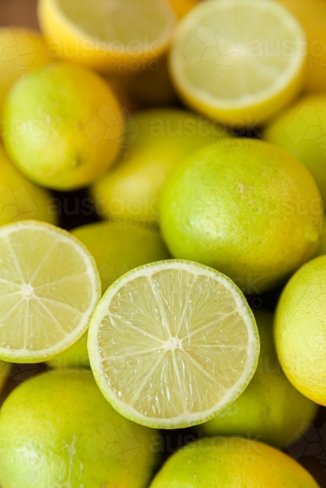 Texture of fresh fruit lines cut in half - Australian Stock Image