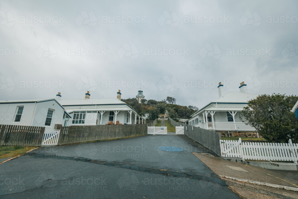 The Lighthouse Keeper's Cottage and historic buildings at Sugarloaf Point, Seal Rocks - Australian Stock Image