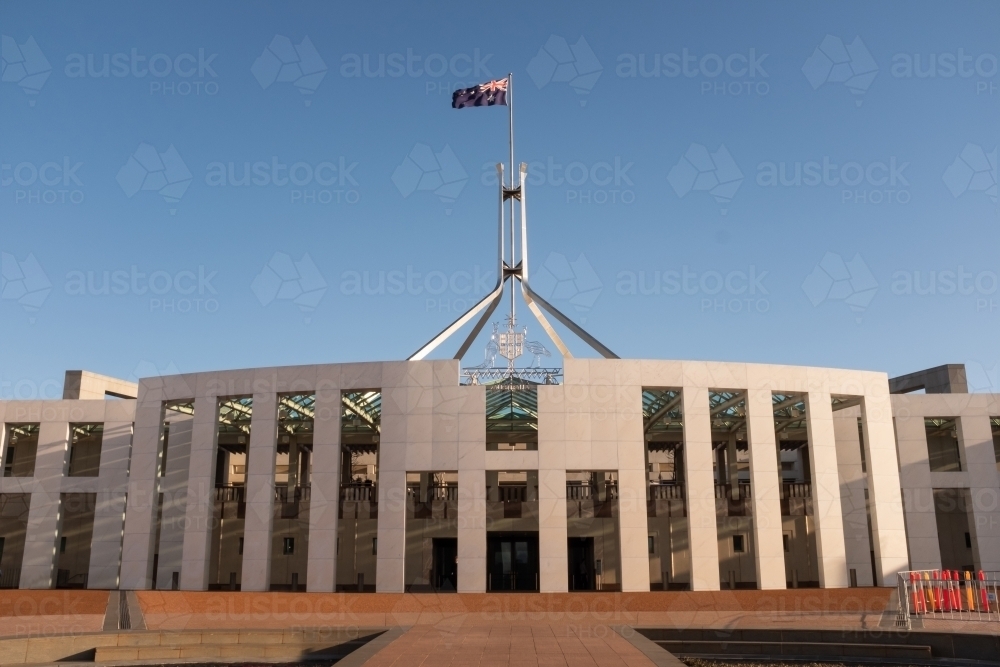 the new Australian Parliament House in Canberra Australia at sunset - Australian Stock Image