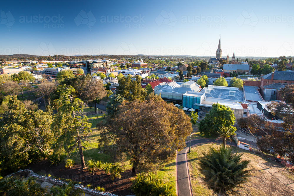 The view from the Lookout Tower in Rosalind Park over Bendigo on a clear Spring evening - Australian Stock Image