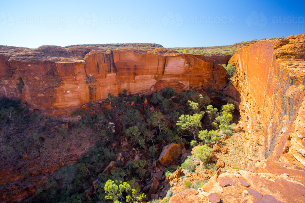 The view into a gorge from a cliff edge at Kings Canyon in Northern Territory, Australia - Australian Stock Image