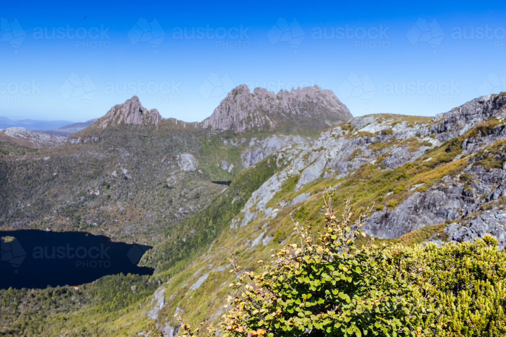 The view of mountain landscape from Marions Lookout over Dove Lake towards Cradle Mountain - Australian Stock Image