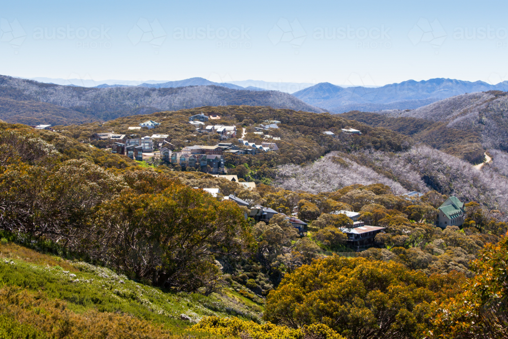 The view towards Mt Buller village on a summer's day in the Victoria, Australia - Australian Stock Image