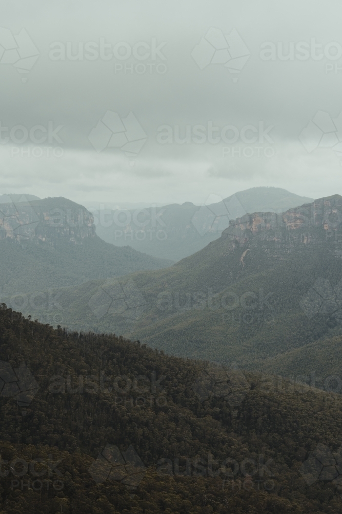 The views from Govetts Leap lookout on a cloudy day - Australian Stock Image