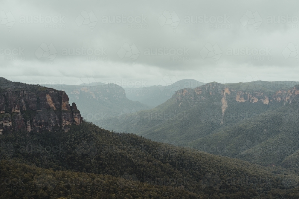 The views from Govetts Leap lookout on a cloudy day - Australian Stock Image