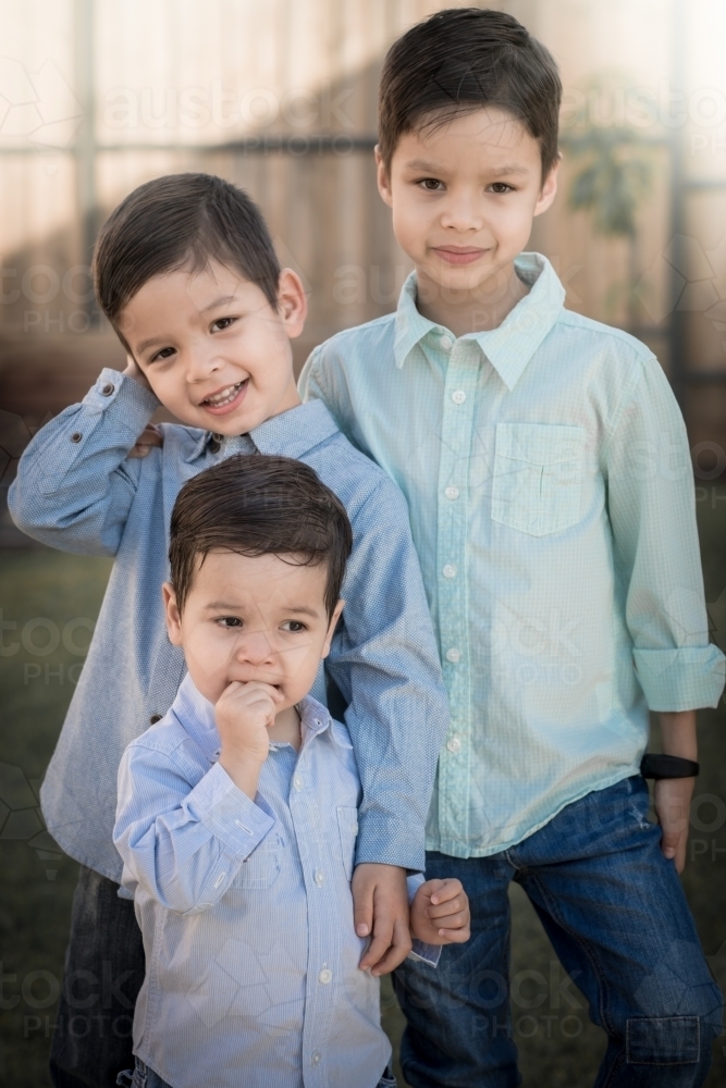 Three brothers in a suburban home backyard - Australian Stock Image