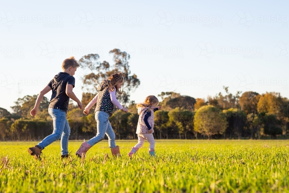 Three farm kids walking across a field - Australian Stock Image