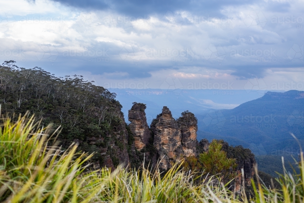 Three Sisters iconic rock trio in blue mountains with green plants in foreground - Australian Stock Image