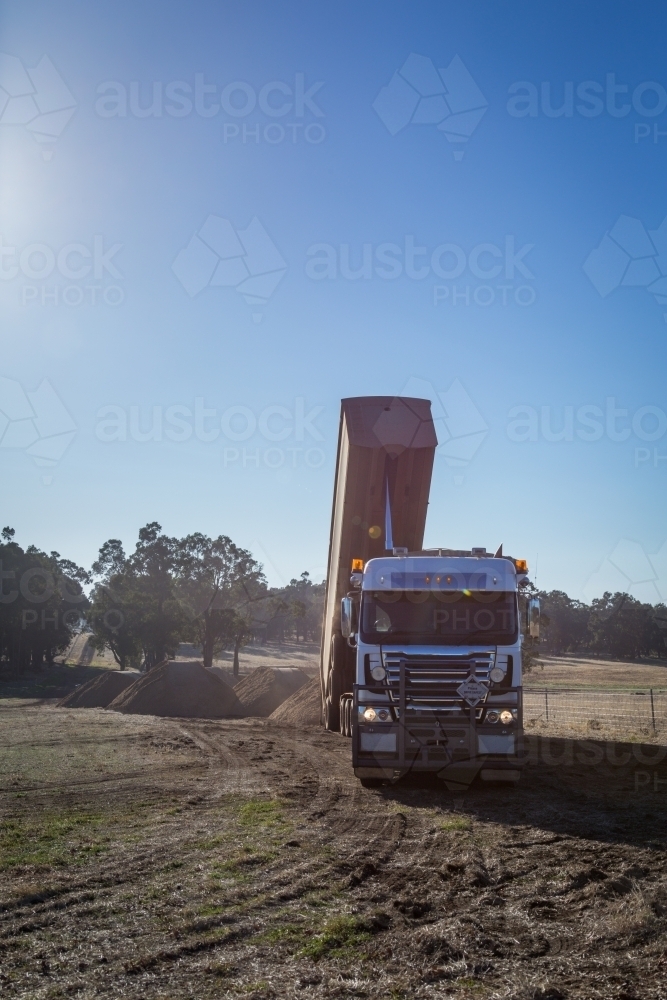 Tip truck tipping off lime in a paddock - Australian Stock Image