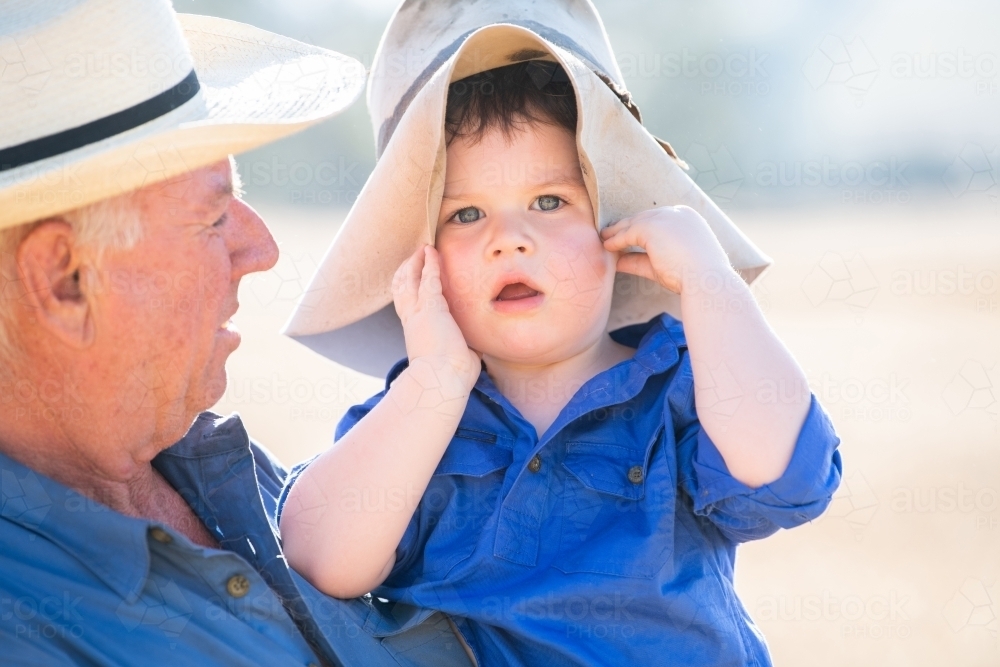 Toddler wears grandfather's hat in farm setting - Australian Stock Image