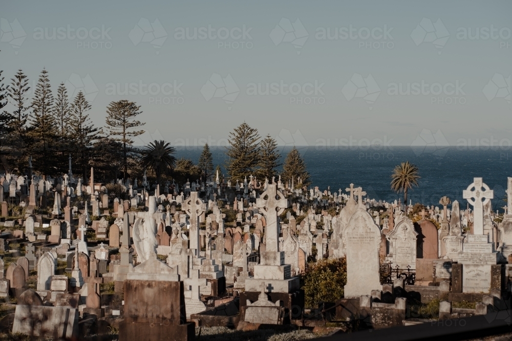 Tombstones in a graveyard looking over the ocean at Waverley Cemetery. - Australian Stock Image