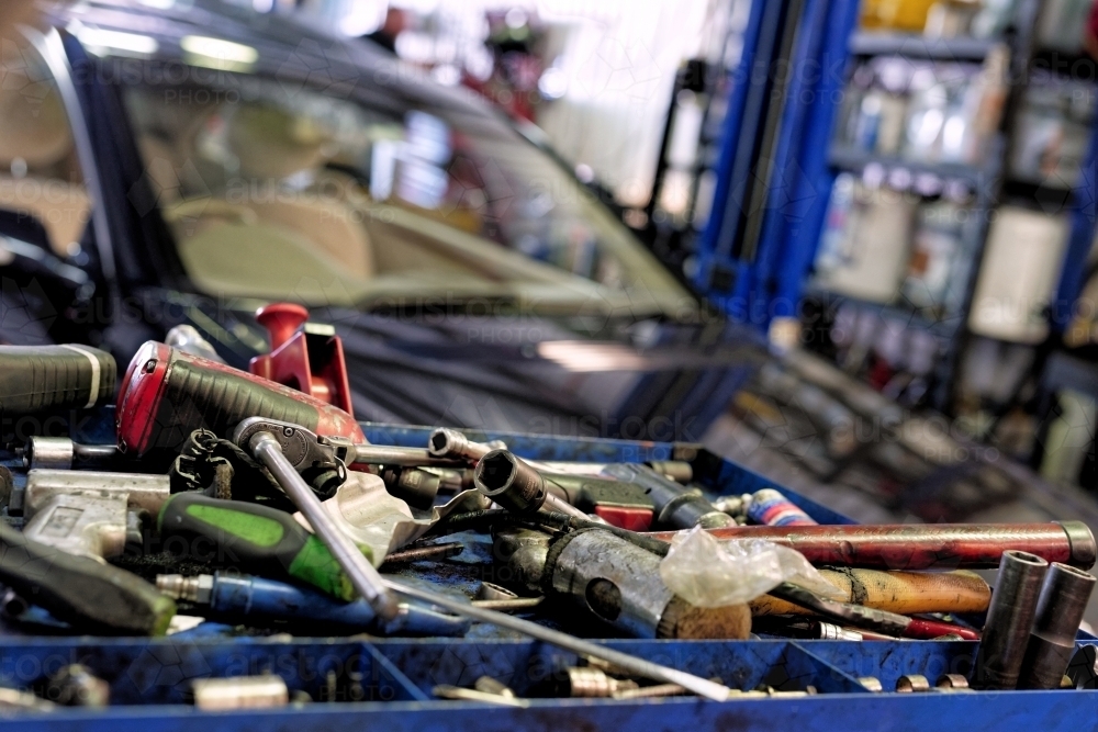 Tools at a mechanic's workshop for luxury cars on the Gold Coast - Australian Stock Image