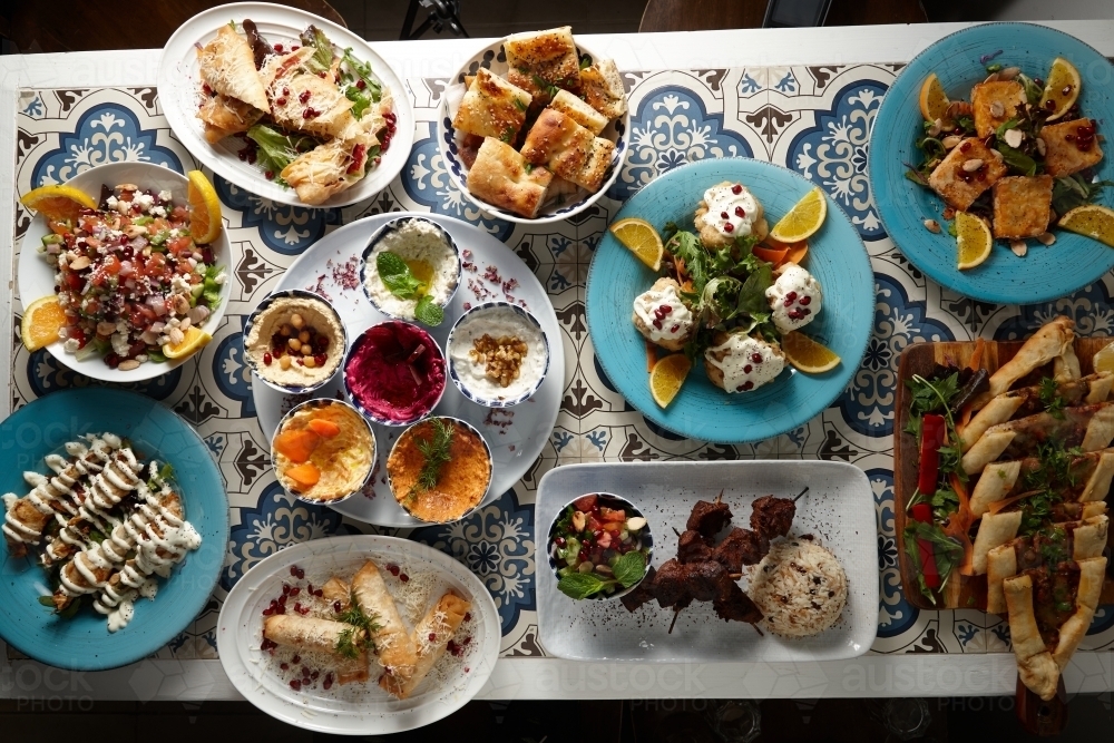 Top down of appetising Turkish dishes on table - Australian Stock Image